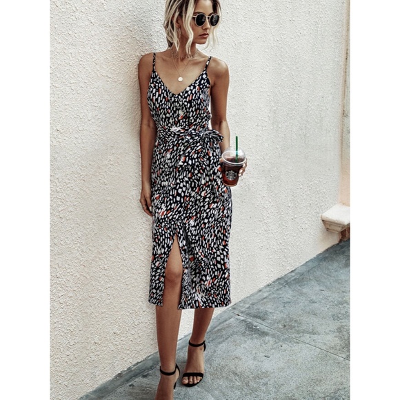 Printed V-Neck Cami Tie Belt Midi Dress - Picture 3 of 12